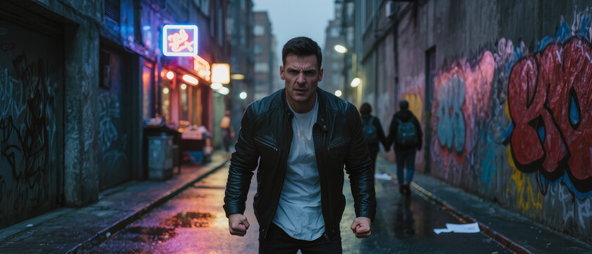 feeling anger connection openart.ai concept. Man in leather jacket walks determinedly down a wet, graffiti-covered urban alley at night.