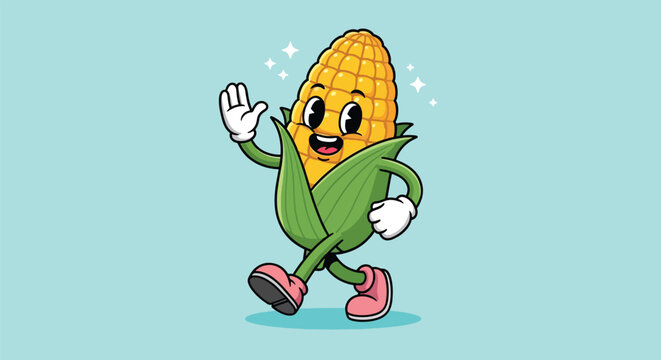 Cute cartoon corn character walking and waving friendly hand gesture illustration.