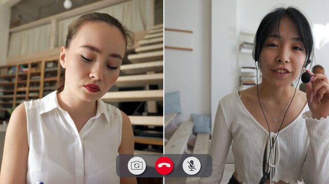 Students connect through a split screen during online classes. Different emotions are shown as they participate in discussions and share thoughts.