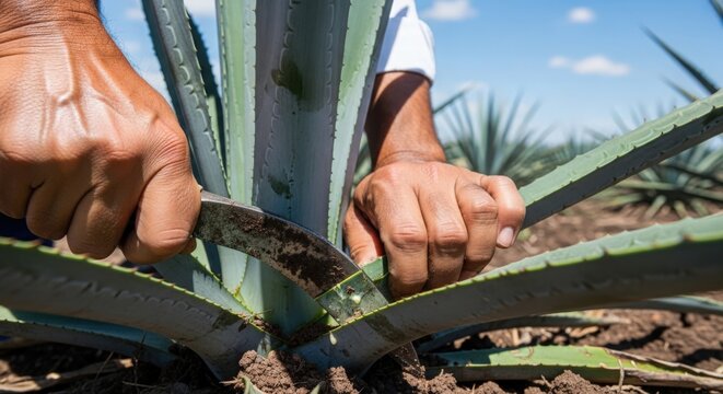 Harvesting agave plant with hands using knife in field. Agave harvesting process includes cutting leaves for tequila production and showcasing agrarian tradition.