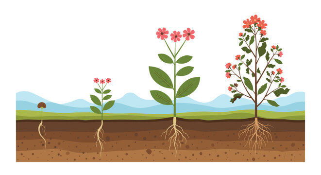 Educational diagram showing the life cycle and growth stages of a flowering plant from seed and roots to full bloom in the soil.