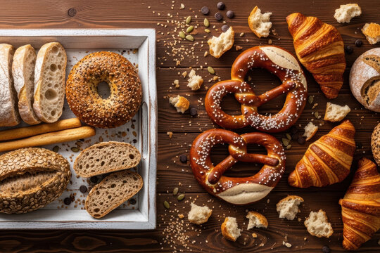 Assorted fresh bakery items including pretzels, croissants, bagel, sourdough bread and breadsticks on a rustic dark wooden table, top view