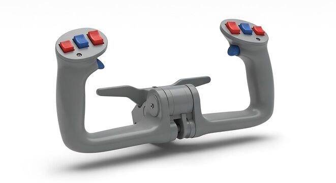 Gray joystick controller with red and blue buttons