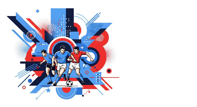 Soccer players in match action on geometric abstract background. Active men playing football with ball. Competitive sports illustration for championship event branding and design.