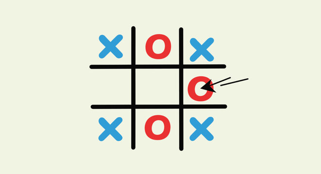 Simple game of tic-tac-toe on a light background shows a grid of blue Xs and red Os with an arrow pointing to a strategic move.