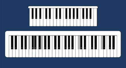 Fototapeta premium Two types of piano keyboards showing a full-size digital piano and a shorter synthesizer on deep blue background for music education.