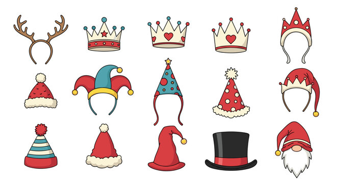 Set of festive party accessories including colorful crowns, birthday hats, jester hat, Santa hat, and a top hat for various celebrations.