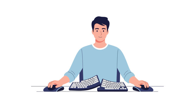 Man working on two keyboards and two mice, multitasking, technology, office, remote work