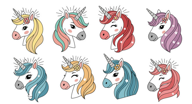 Adorable set of unicorn character heads with different colored manes, flowers, and sparkling star details for various kids' design projects.