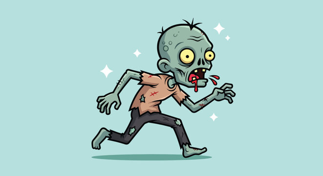 Funny Cartoon Zombie Running with Bulging Eyes and Tattered Clothes Illustration.