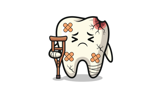 Sad injured tooth cartoon character with crutches and bandages.