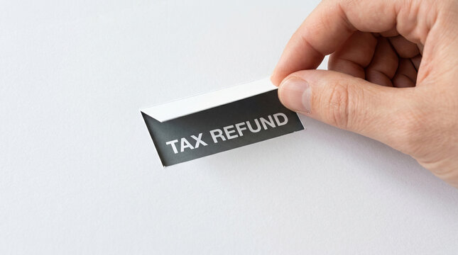 Tax refund concept with hand peeling back paper to reveal words tax refund underneath, symbolizing financial return or reimbursement