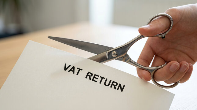 VAT return document being cut with scissors, symbolizing tax reduction or financial savings in business and personal finance management