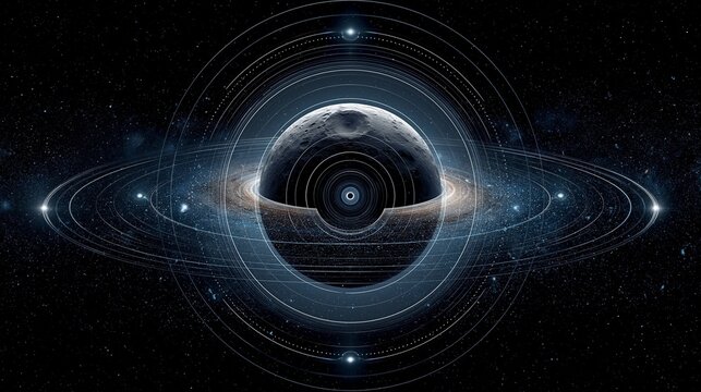 Abstrakte Planetenkugel mit konzentrischen Ringen und Lichtb&ouml;gen auf dunklem Weltraumhintergrund