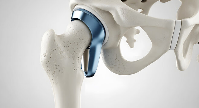 Close up of a human hip joint with a metallic implant and bone structure medical