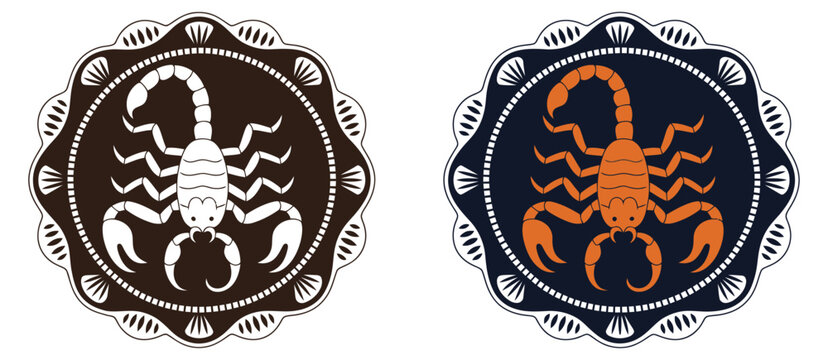 Scorpion label belt buckle old west cowboy style tag design stylized silhouette vector illustration, classic western rodeo buckle emblem featuring bold scorpion motif, metallic engraved decorative tag