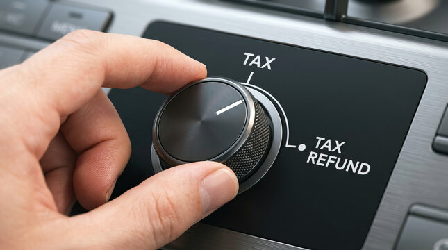 Hand adjusting control knob labeled tax and tax refund, symbolizing financial management and tax adjustment concept with close up view