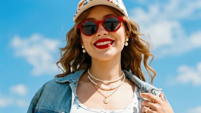 Woman in red round sunglasses and white floral cap with bold red lipstick against blue sky, retro glam portrait with pearl earrings and trendy y2k styling, no logos