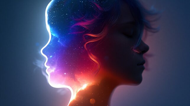 Ein weibliches Profil mit einem farbenfrohen, galaktischen Universum, das aus dem Kopf strahlt, vor blauem Hintergrund