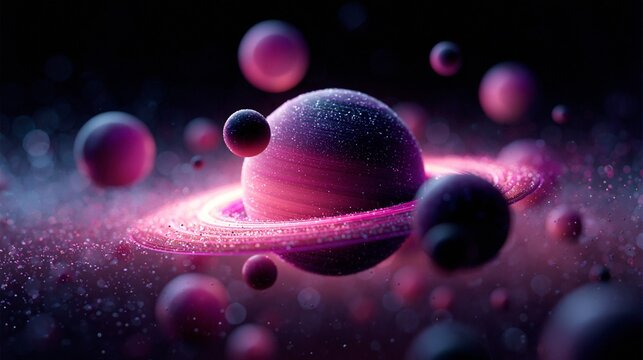 Ein violett leuchtender Planet mit Ringen, umgeben von schwebenden Kugeln und einem rosa Nebel vor dunklem Hintergrund