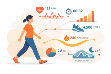 Fototapeta premium Determined woman walking while health and fitness tracking data from technology app show graph of her active lifestyle. This concept illustrates progress monitoring