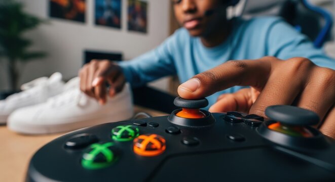 Engaging gaming session with person holding Xbox controller while focusing on game. Gaming atmosphere includes stylish sneakers on table and vibrant gaming posters in background.