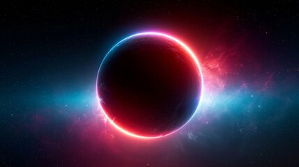 Obraz premium Sonnenfinsternis mit leuchtendem rotem und blauem Neonring um einen dunklen Planeten im Weltraum