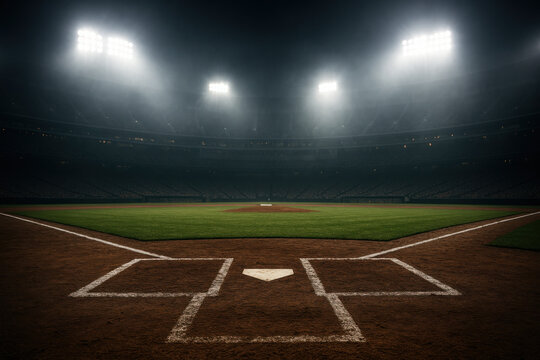 Dramatic baseball field stadium at night. Bright light shines through mist over an empty home plate. moody low angle view of professional sport diamond