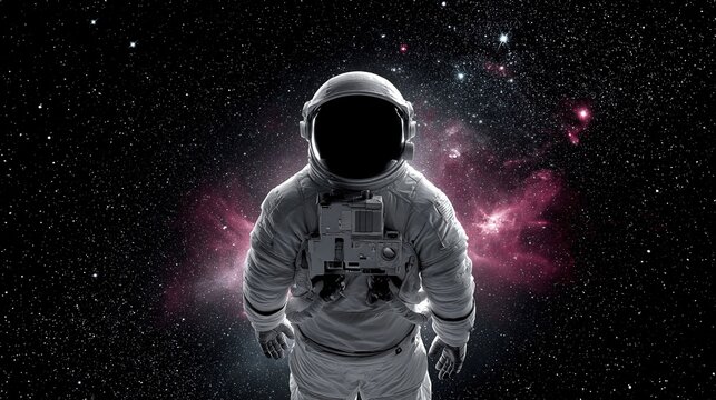 Astronaut in wei&szlig;em Raumanzug steht vor einem leuchtenden Sternenfeld und einer bunten Galaxie im Weltraum
