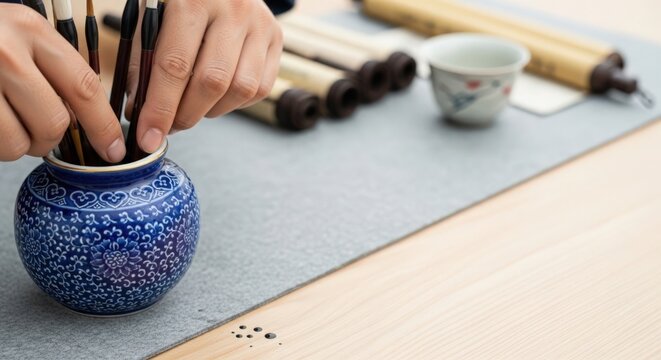 Crafting tools with calligraphy brushes arranged in blue porcelain holder on wooden tabletop. Calligraphy art requires practice and precision, blending traditional techniques with creative expression.