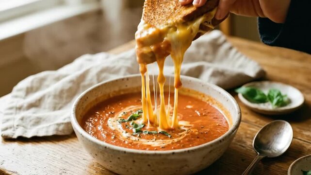 Grilled cheese sandwich dipped into a bowl of tomato soup, comforting classic meal with melted cheese and rich red soup, cozy food styling, warm natural light, no logos