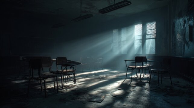 Moody and Abandoned Classroom with Scattered Chairs Surrounded by Sunlight Rays and Shadows
