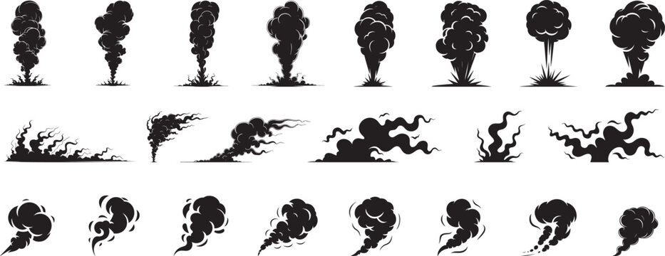 Explosion smoke clouds silhouette collection, dust cloud  nuclear explosion silhouette stylized.