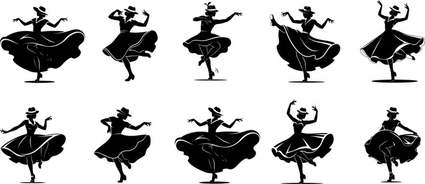 Female tap dancer silhouettes collection, stylish hat and flared skirt different variations, dynamic footwork pose.