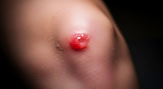 Close up of inflamed red pimple on human skin with white pus acne inflammation