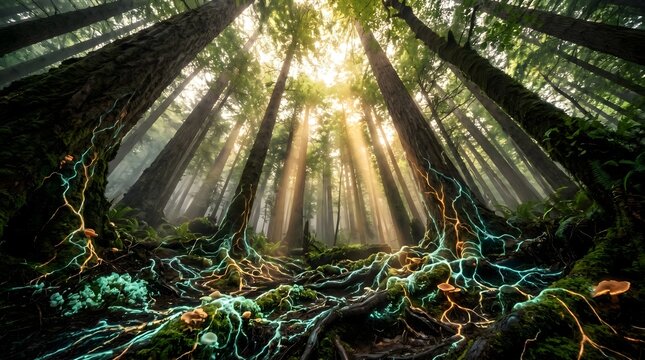 Bioluminescent mycelium network in ancient forest with golden light shafts, gut brain axis and systems biology concept
