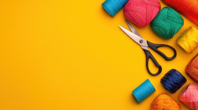 Colorful yarn balls and black scissors on a vibrant yellow background, perfect for knitting and crafting projects.
