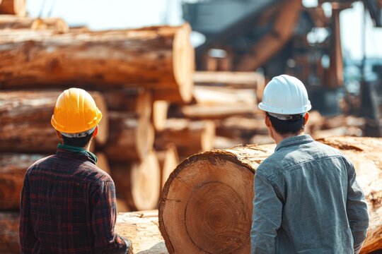 Workers inspecting cut logs at lumber yard