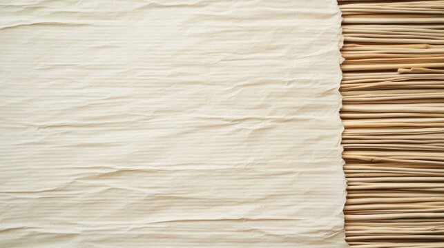 Close-up of textured, crumpled beige paper with a stack of neatly aligned folded paper sheets on the right side.