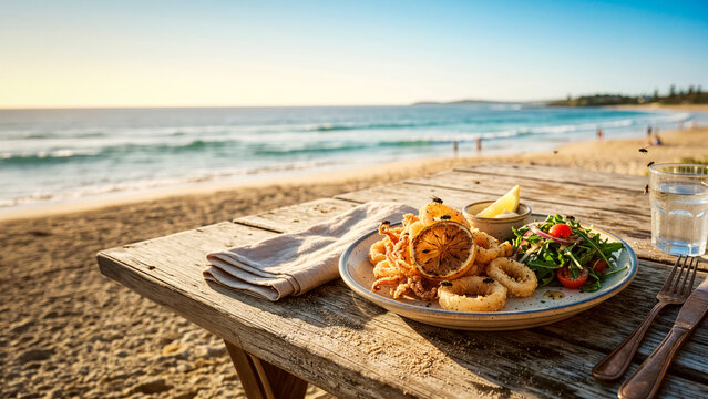 Medium shot fried calamari rings with lemon and salad on beach wooden table covered in flies at sunset for food hygiene and pest control awareness articles