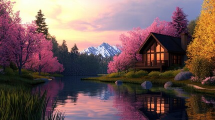 Fototapeta premium A serene lakeside cabin surrounded by blooming pink and yellow trees, reflecting in the calm water with snowy mountains in the background at sunset.