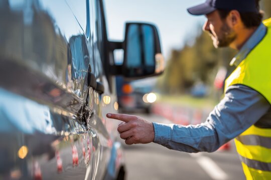 Roadside van accident inspection under bright sunlight