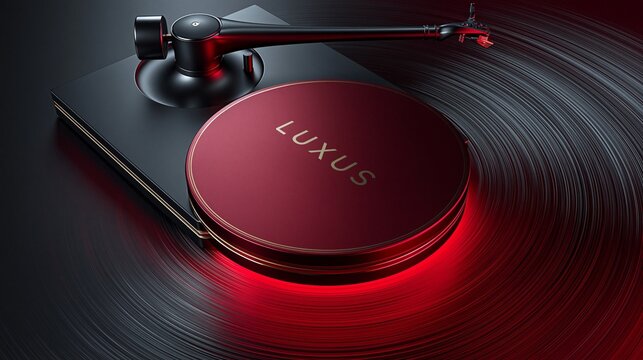Ein roter Plattenspieler mit dem Schriftzug &bdquo;LUXUS" auf einer schwarzen Schallplatte unter rotem Licht
