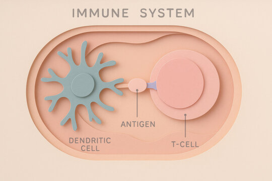 Medical illustration of immune system. Clear biology diagram showing dendritic cell presenting an antigen to t cell for science education with soft, layered paper texture