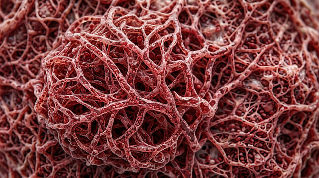 Close up view of complex network of red capillary vessels showing detailed structure and texture, highlighting intricate biological system with vivid and dynamic appearance