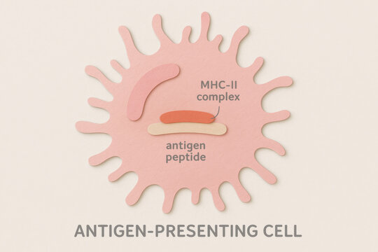 Pastel immune system concept showing clear antigen presenting cell. healthcare diagram details antigen peptide and MHC II complex for immunology education and study