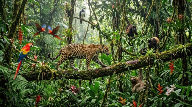 A jaguar and howler monkeys in a lush, dense jungle with vibrant green foliage and a variety of birds in flight.