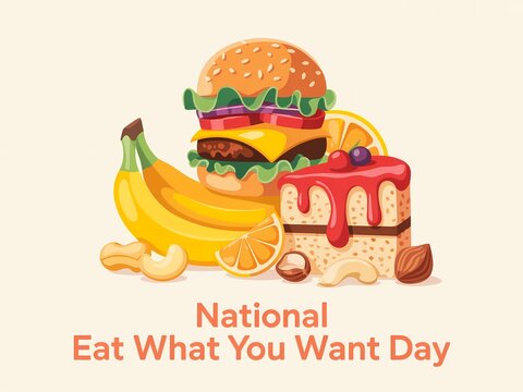 National eat what you want day illustration with hamburger, cake, bananas, oranges, and nuts on cream background