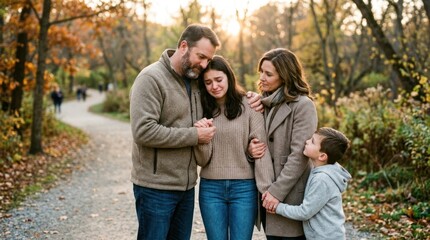 Fototapeta premium A family of four, consisting of a father, mother, and two children, standing together in a park during sunset. The family is dressed in warm, autumnal clothing, including sweaters and jackets. 