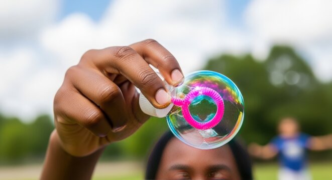 Child holding colorful bubble wand outdoors, showing bubbly creation against blurred background with playful atmosphere.